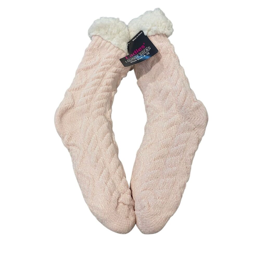 Nwt Pink Cable Knit Sherpa Lounge Socks Plush Slipper Socks Cozy Winter Soft